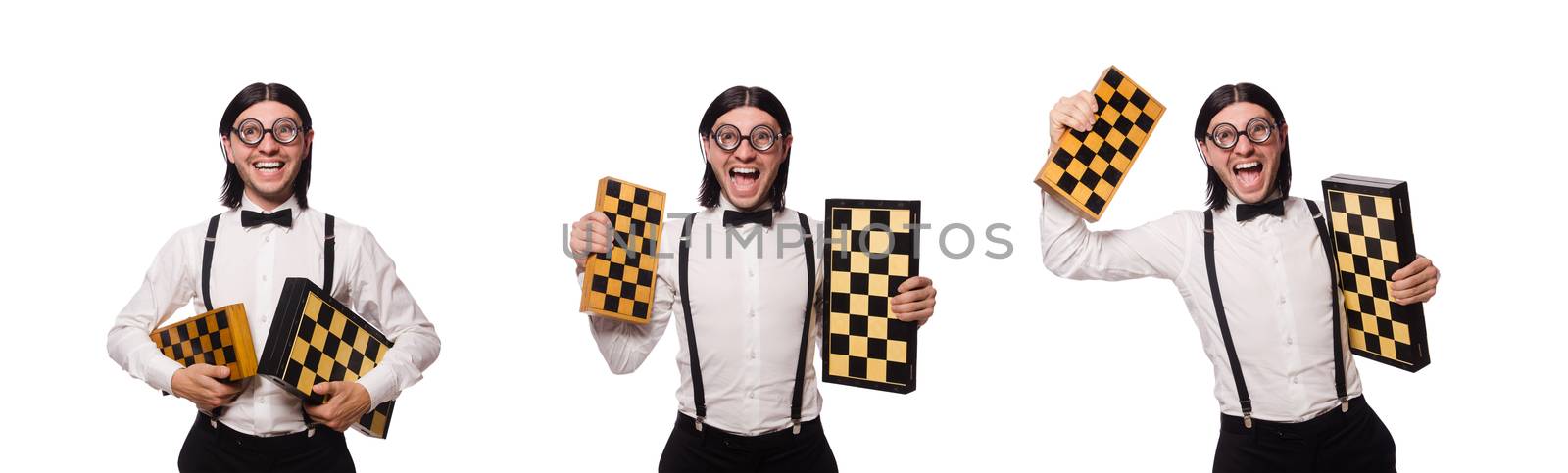 Nerd chess player isolated on white by Elnur