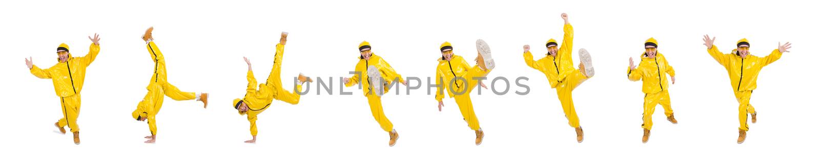 Modern dancer in yellow dress isolated on white