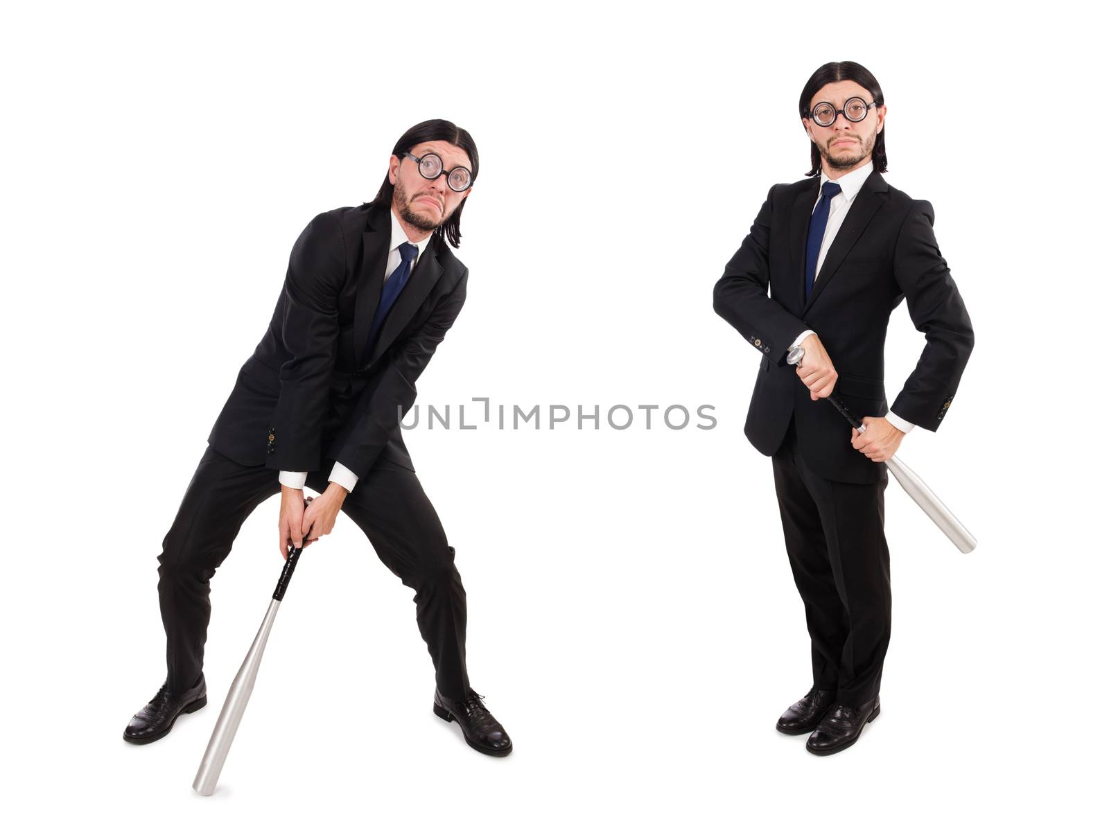 Young elegant man in black suit holding bat isolated on white