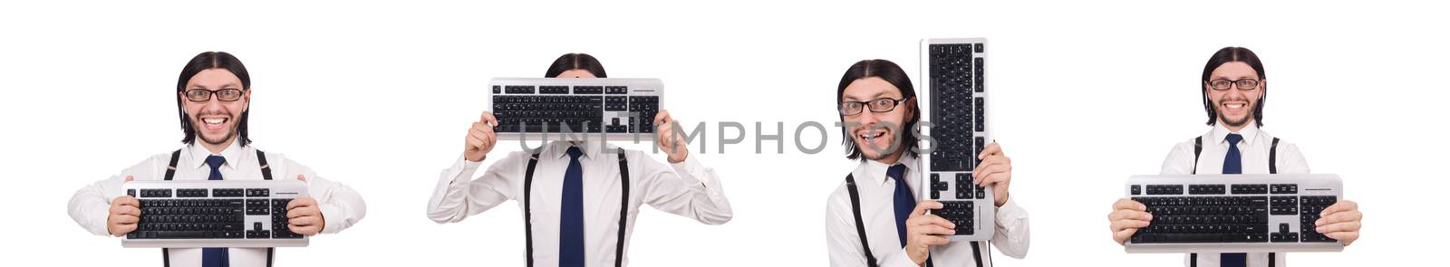 Young funny businessman with keyboard isolated on white by Elnur