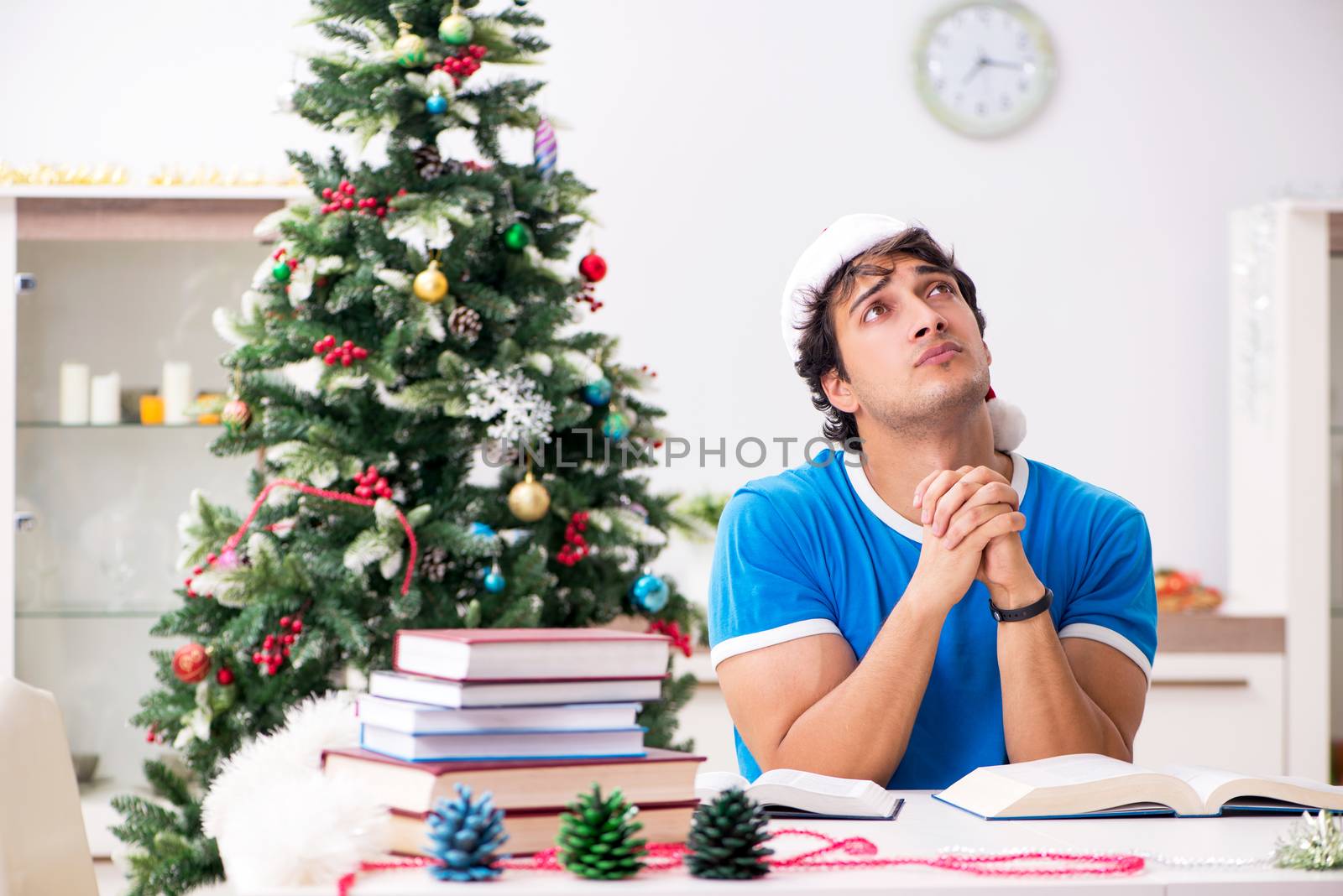 Young student with book at Christmas eve 