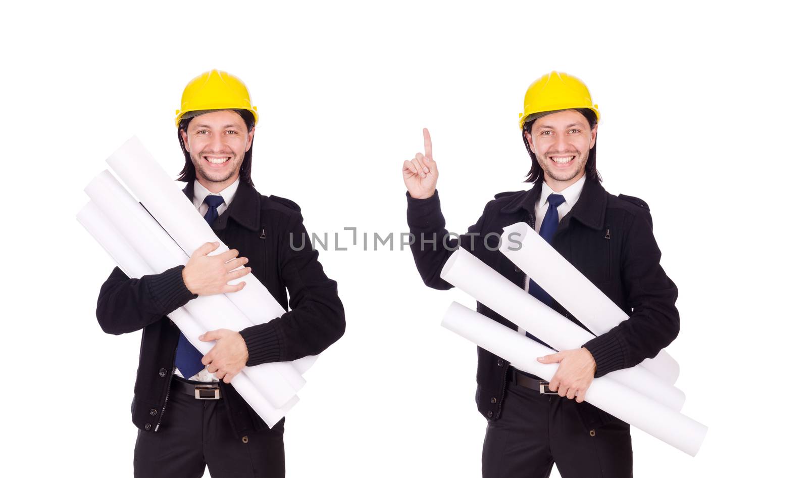 Young construction architect isolated on the white