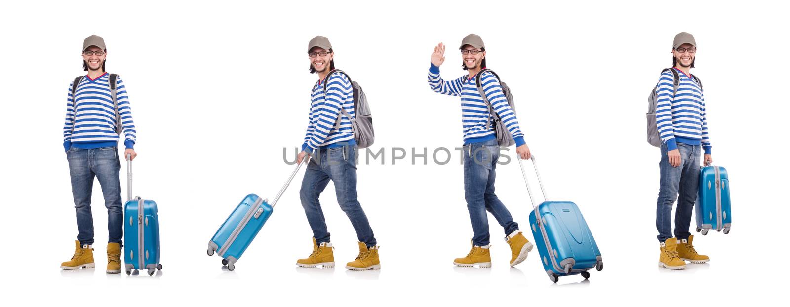 Young traveller with travel case isolated on white