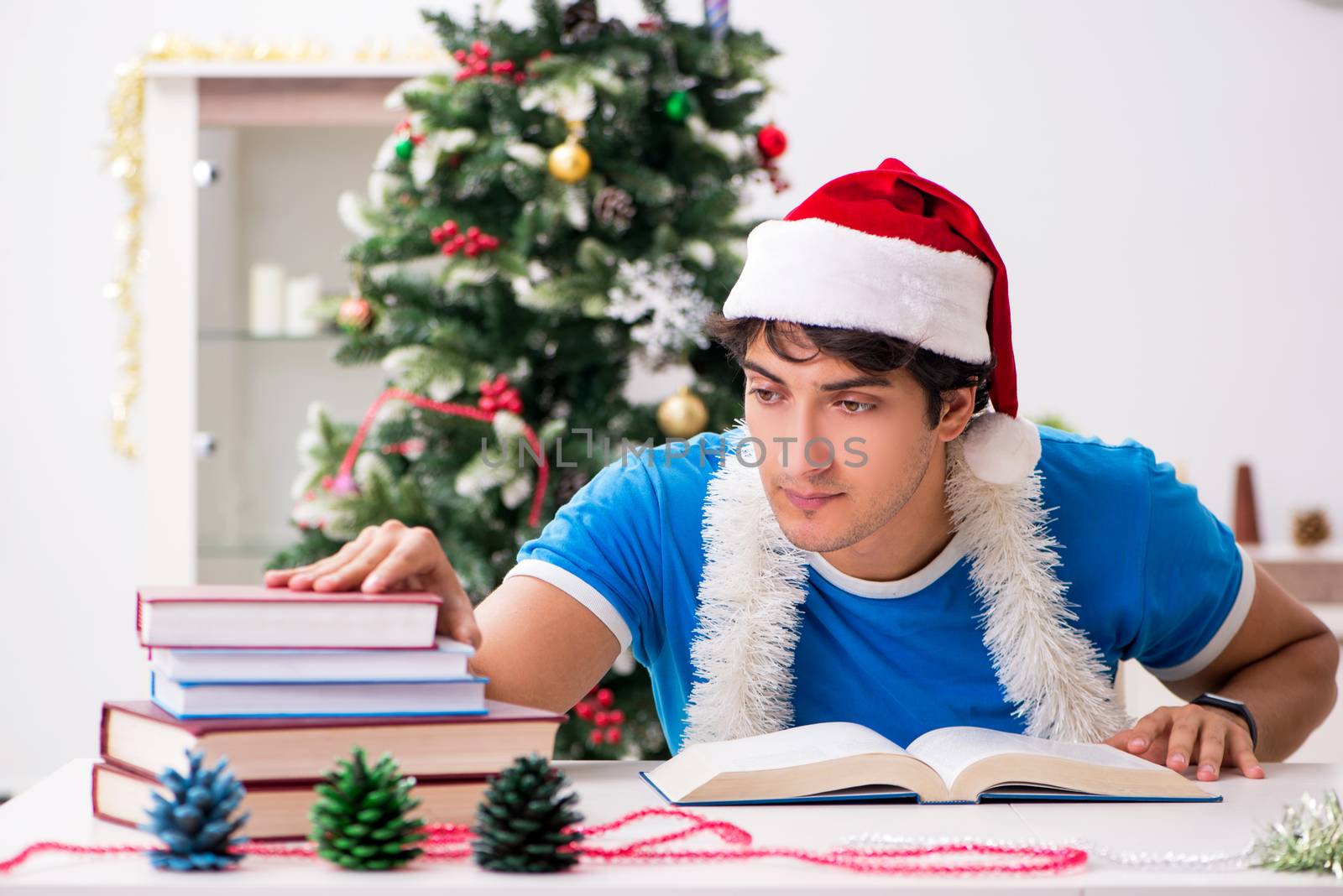 Young student with book at Christmas eve 