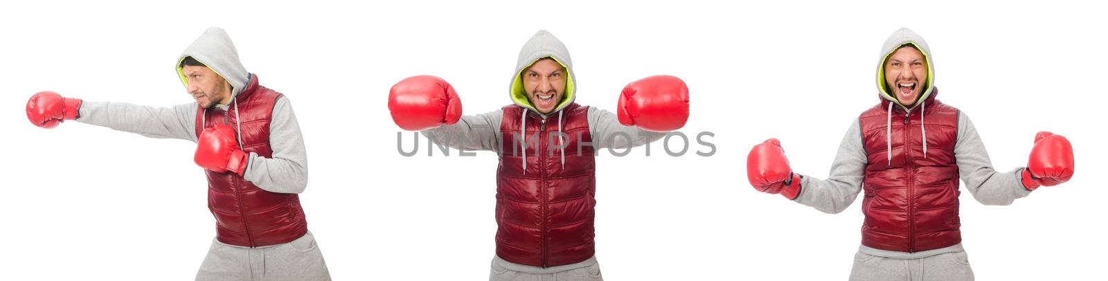 Man wearing boxing gloves isolated on white by Elnur