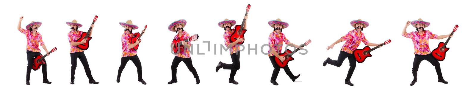 Mexican male brandishing guitar isolated on white by Elnur