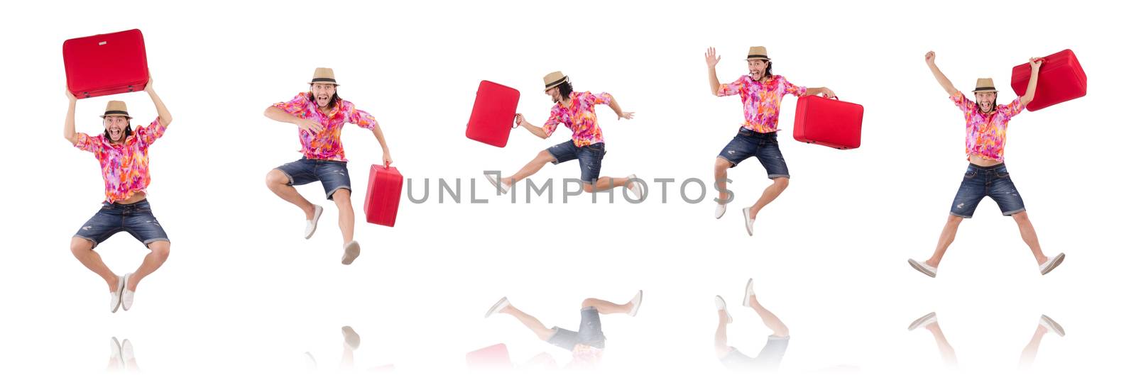 Tourist with suitcase isolated on white