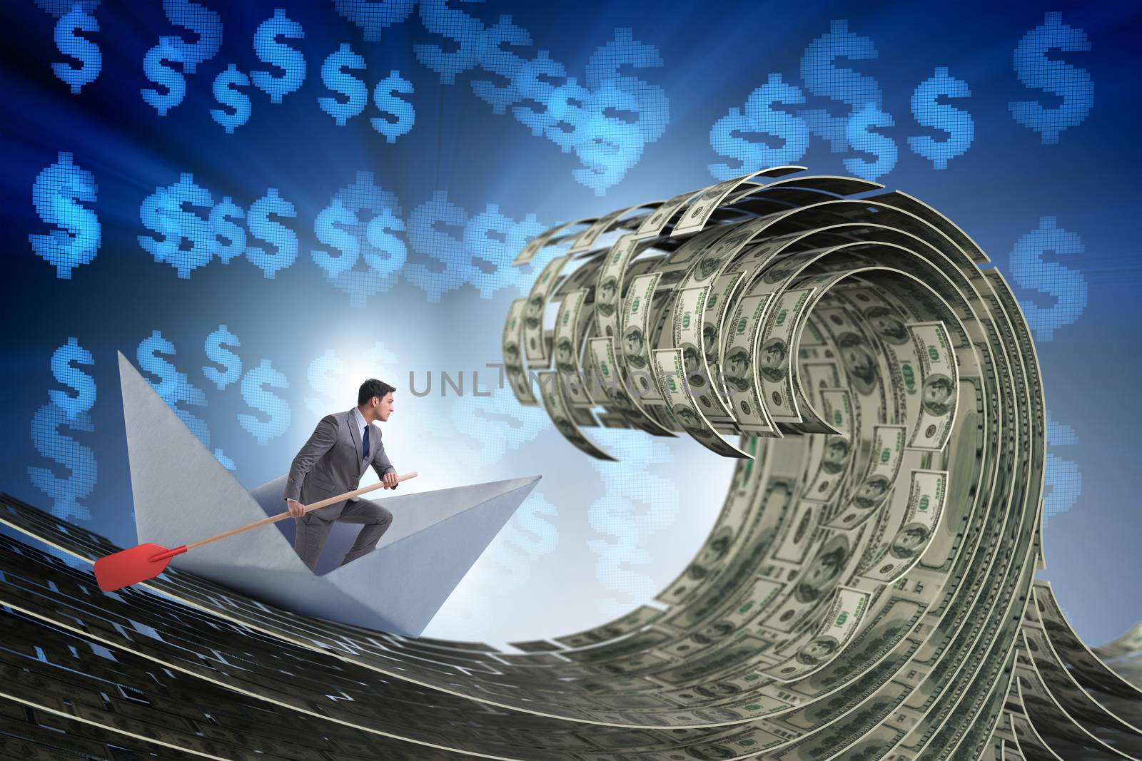 Businessman riding paper boat in dollar sea by Elnur