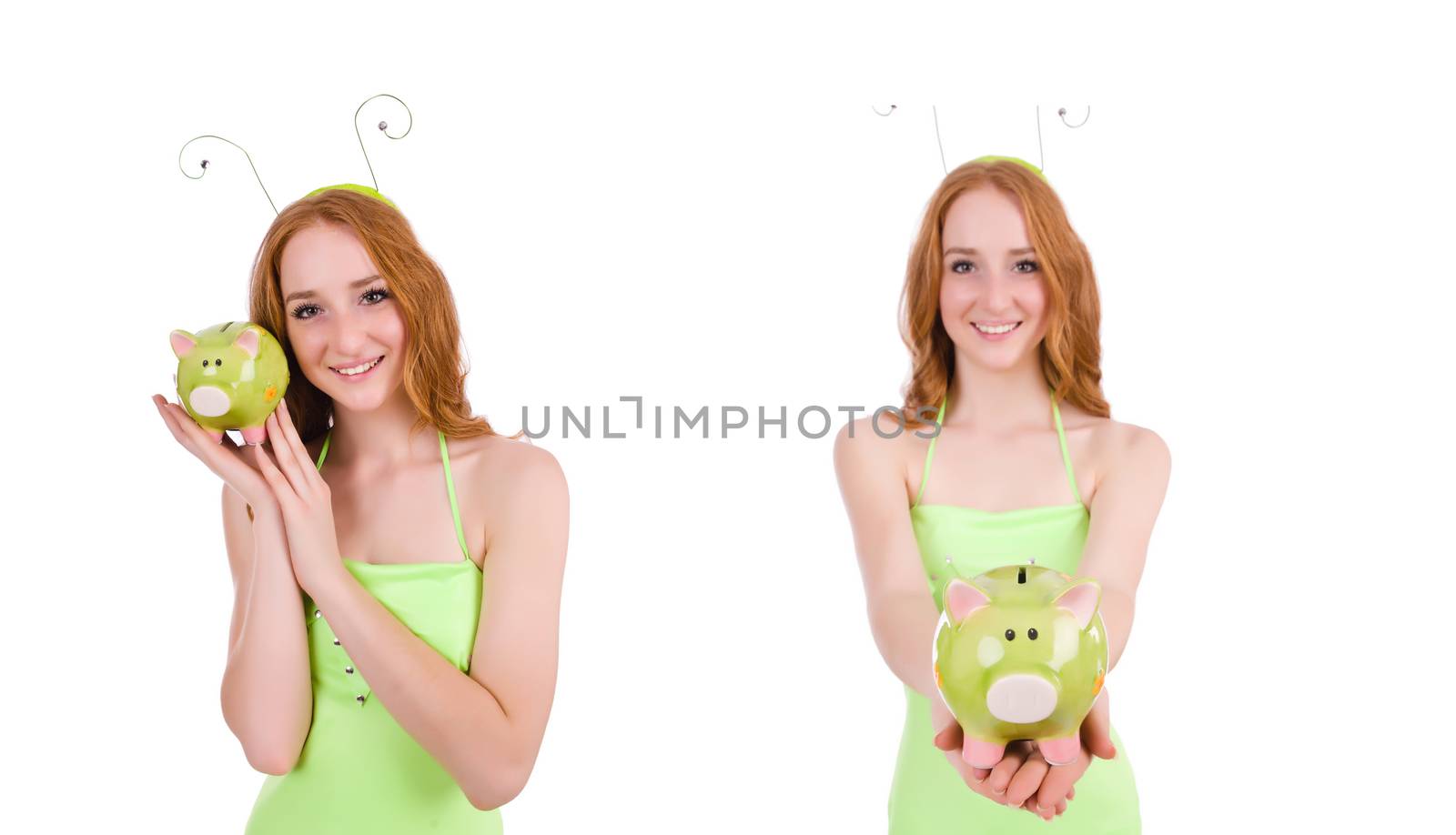 Woman with piggybank on white