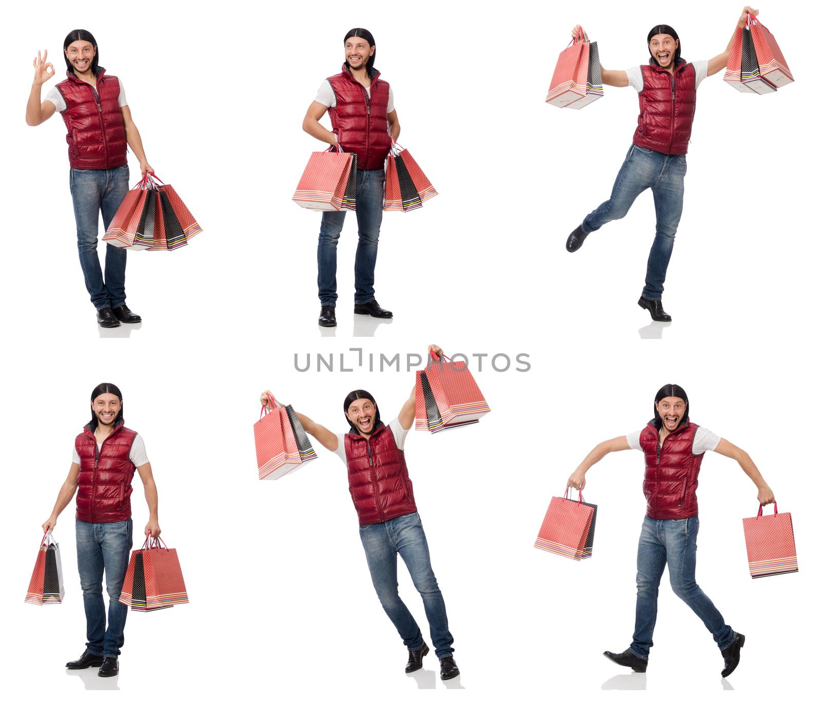 Man with shopping bags isolated on white