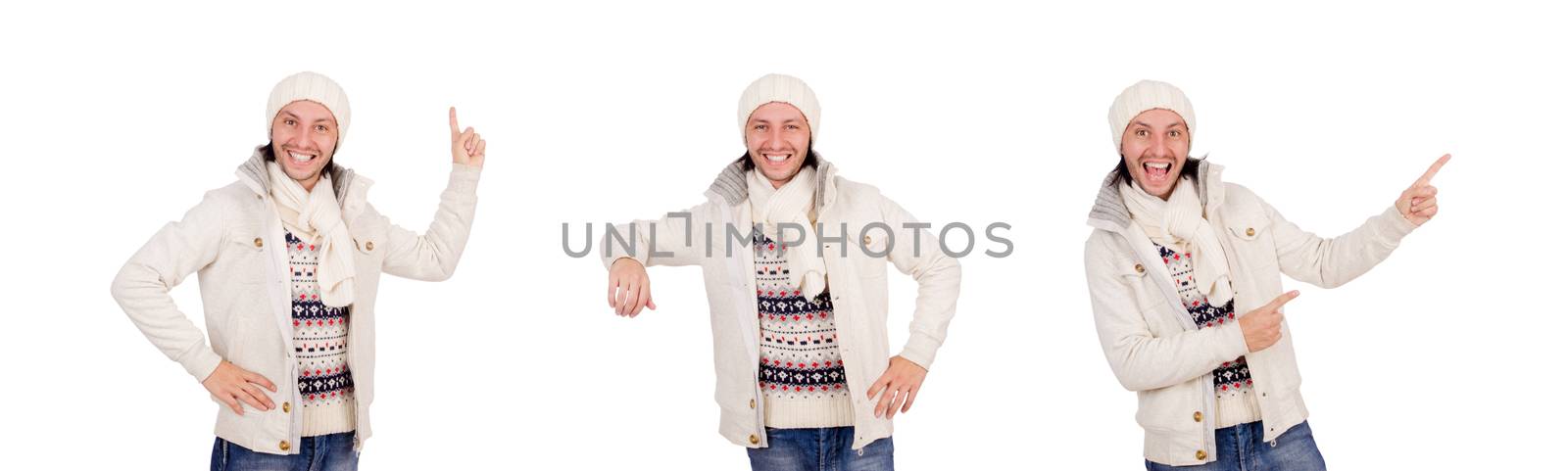Young man in winter clothes isolated on white