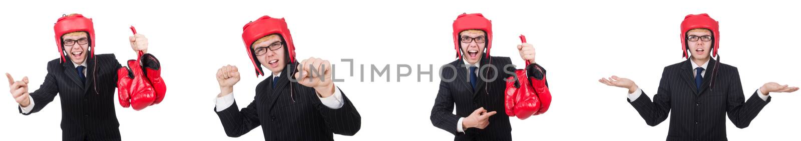 Young employee with boxing gloves isolated on white 