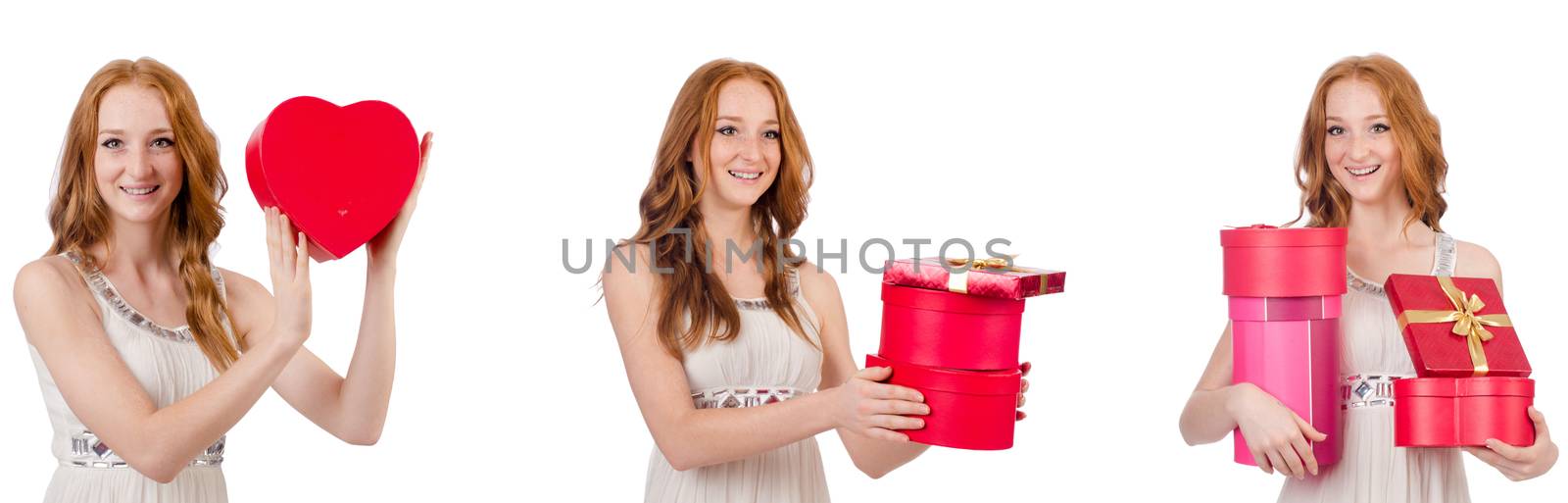 Young woman with giftbox isolated on white  by Elnur