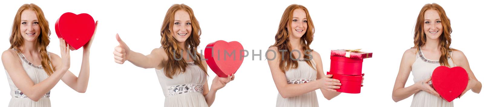 Young woman with giftbox isolated on white 