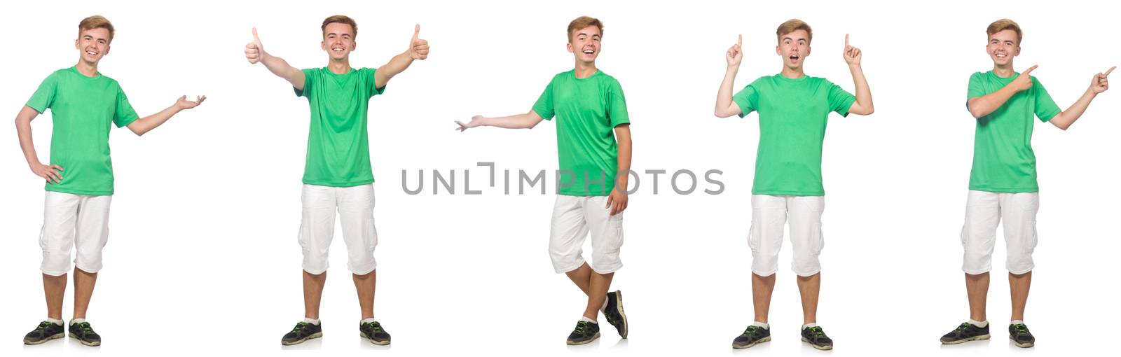 Young boy in green t-shirt isolated on white  by Elnur