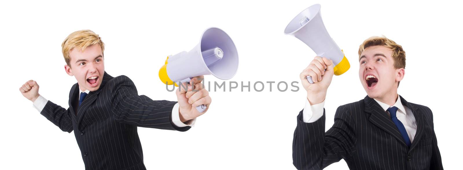 Young man with loudspeaker on white 