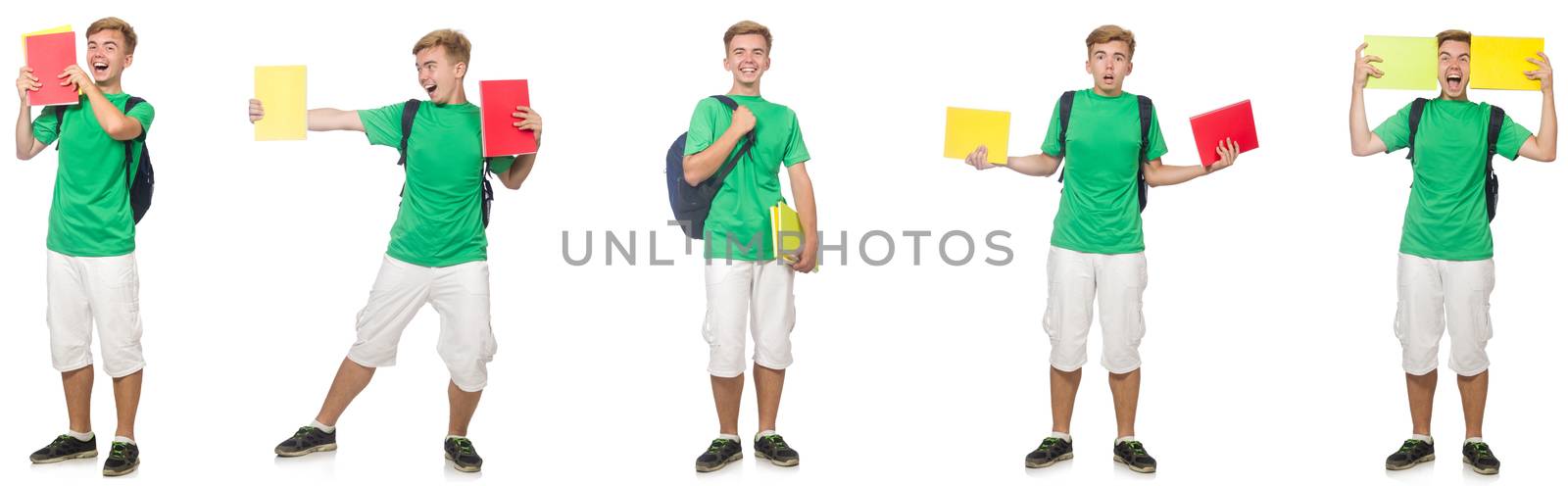 Young student with backpack and notes isolated on white  by Elnur