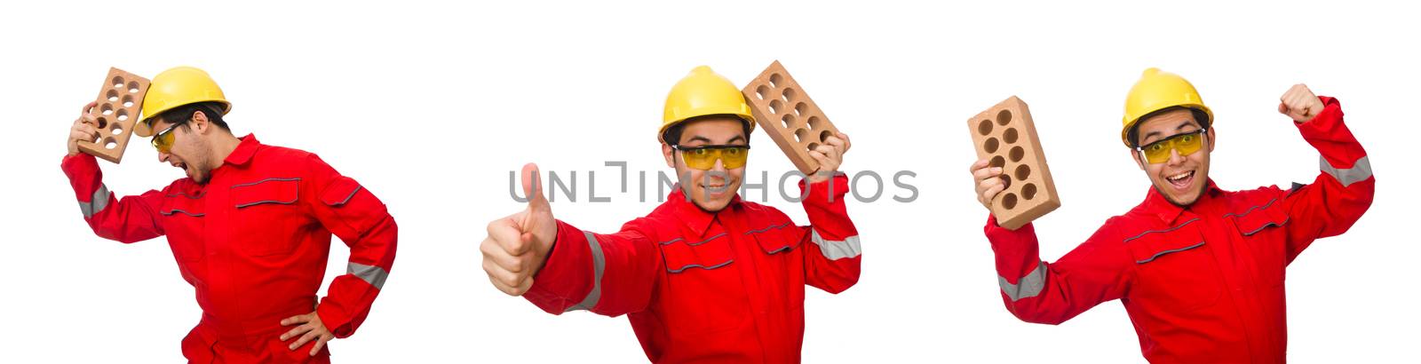 Construction worker with clay bricks on white by Elnur