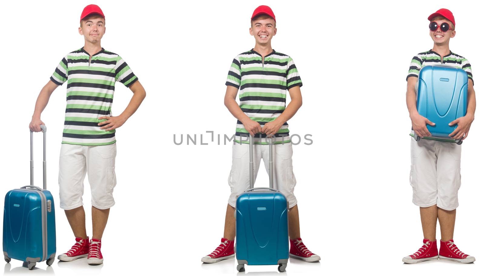 Young man with suitcase isolated on white 