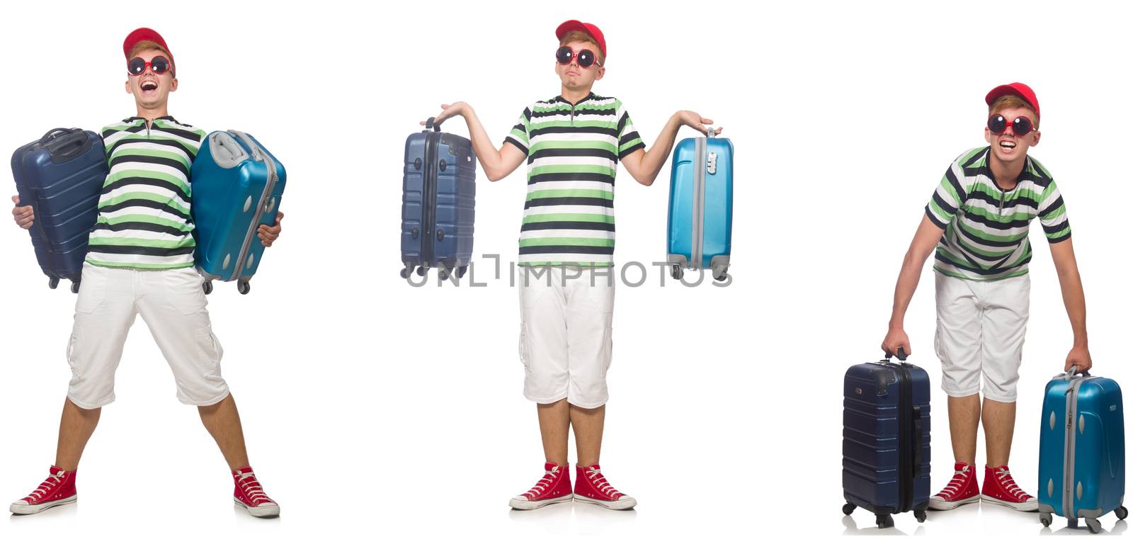 Young man with suitcase isolated on white 