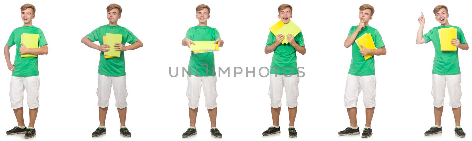 Young student with notes isolated on white 