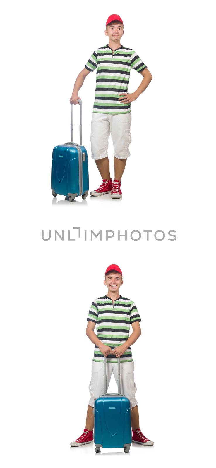 Young man with suitcase isolated on white 