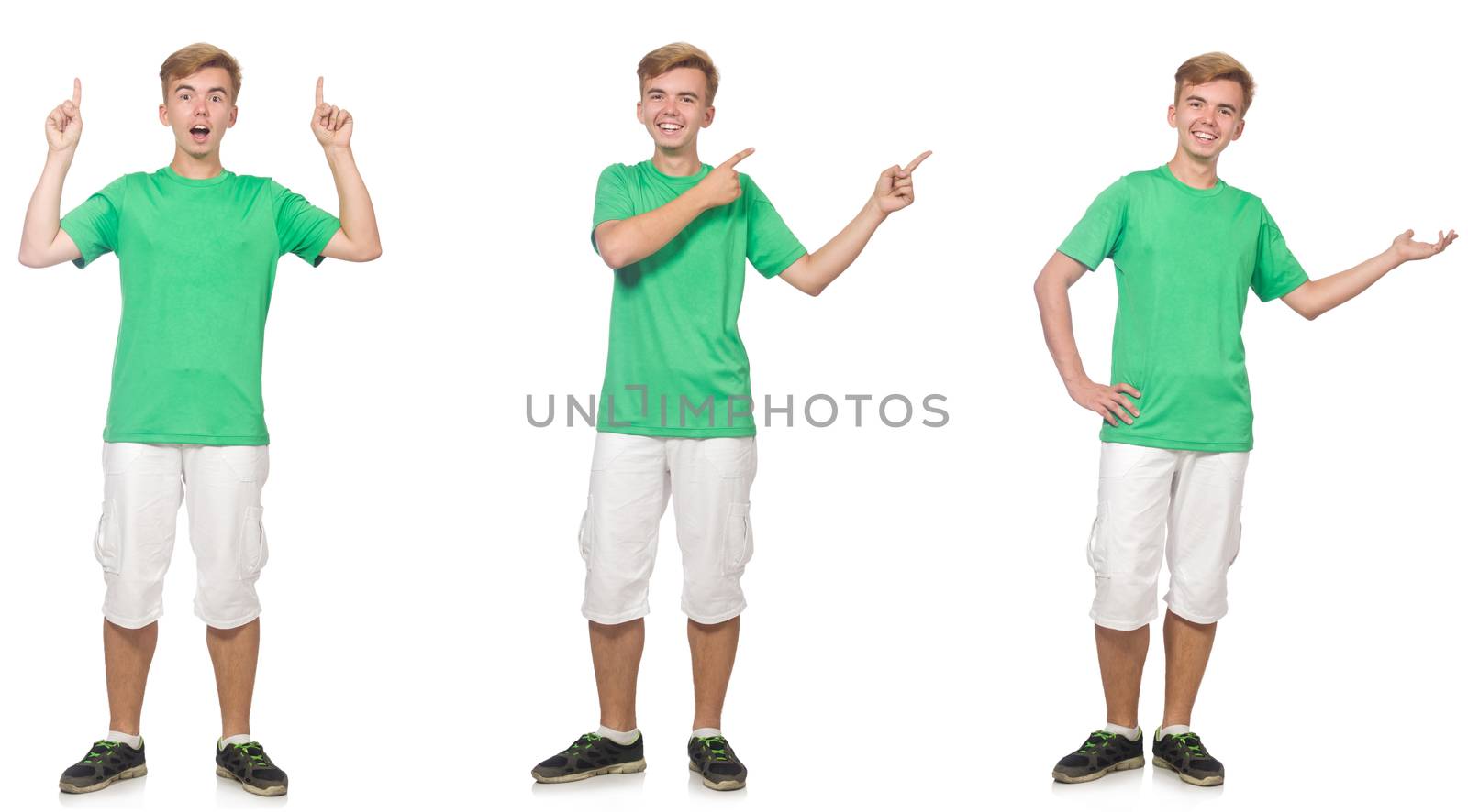 Young boy in green t-shirt isolated on white 