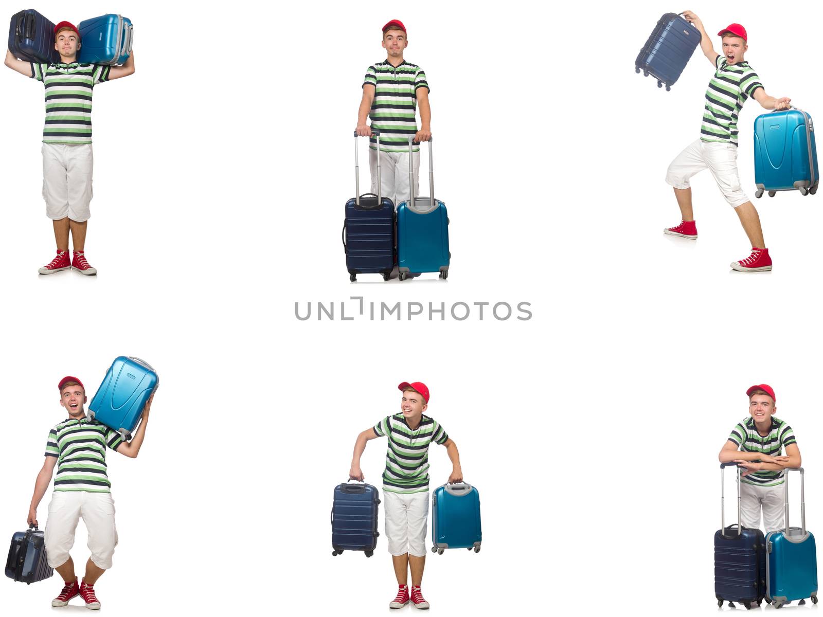 Young man with suitcase isolated on white 