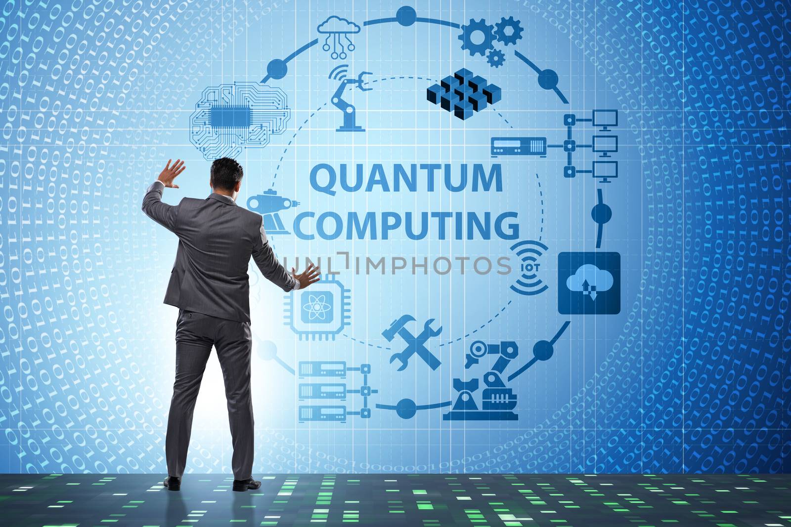 Businessman pressing virtual button in quantum computing concept