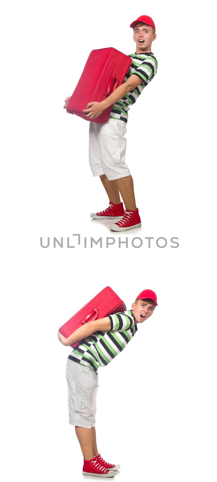 Young man with red suitcase isolated on white 