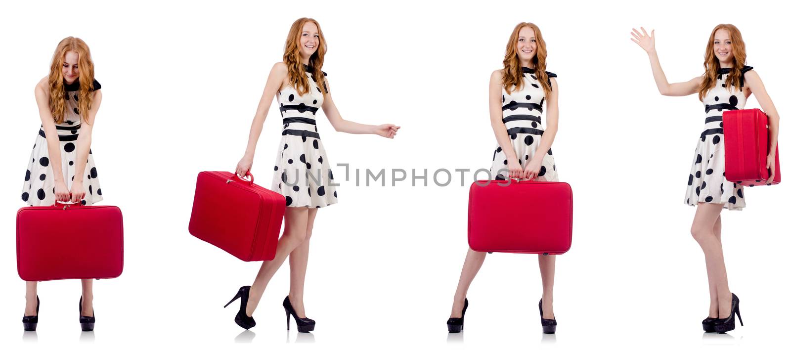 Young beautiful woman with red suitcase  