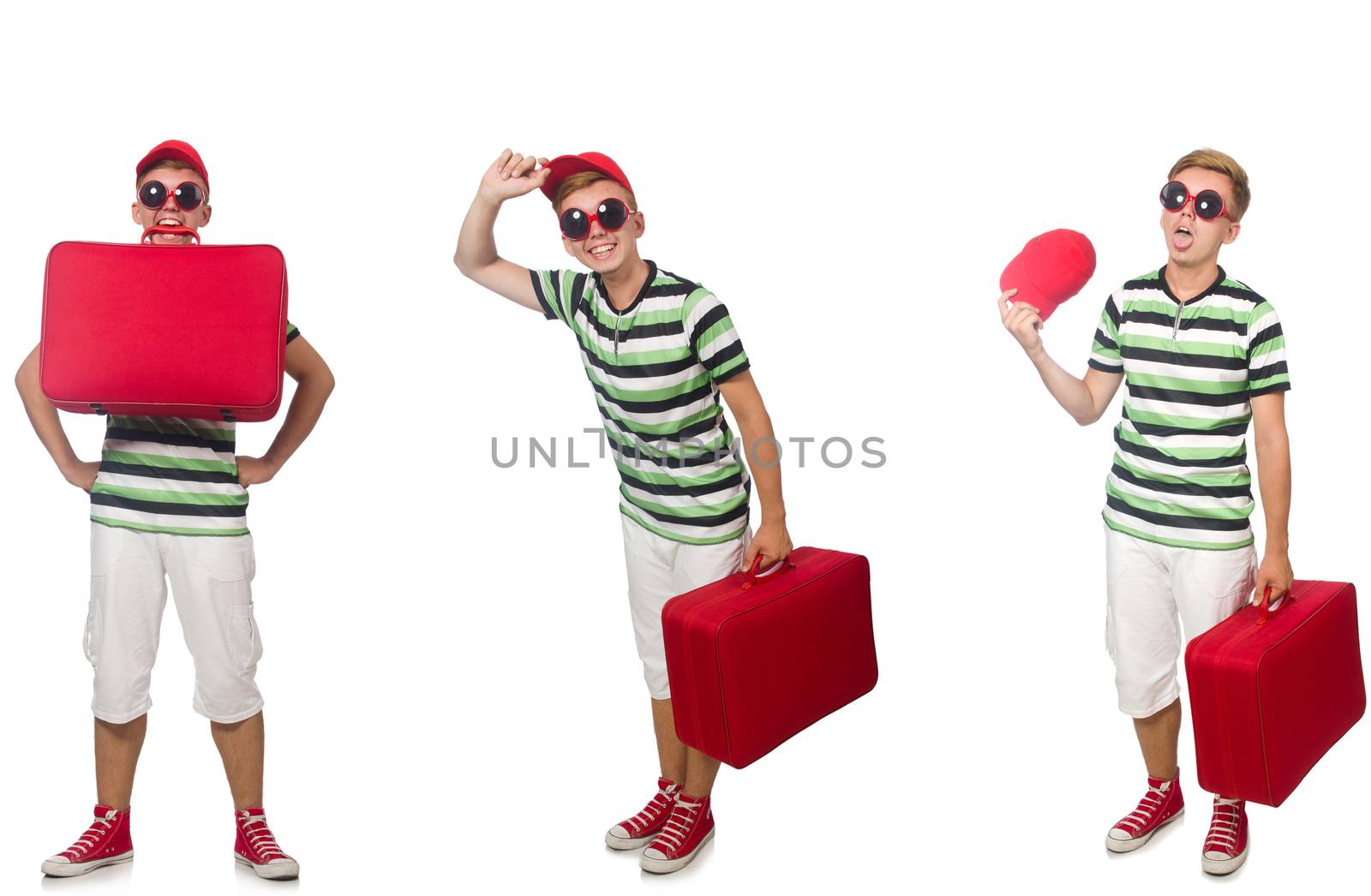 Young man with red suitcase isolated on white 