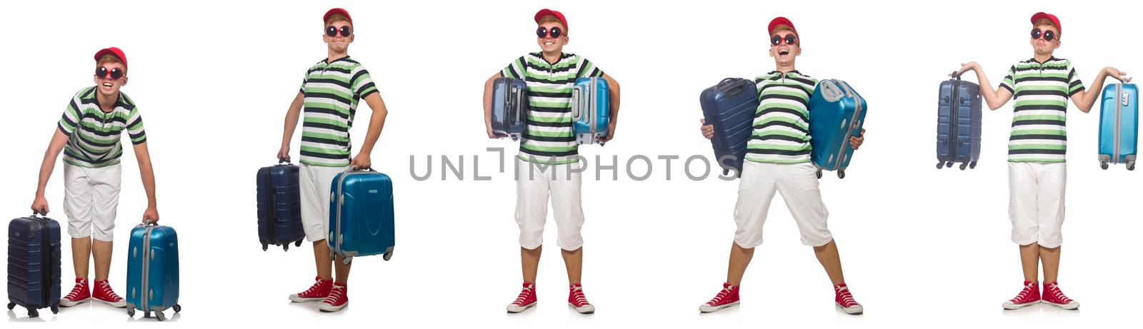 Young man with suitcase isolated on white 