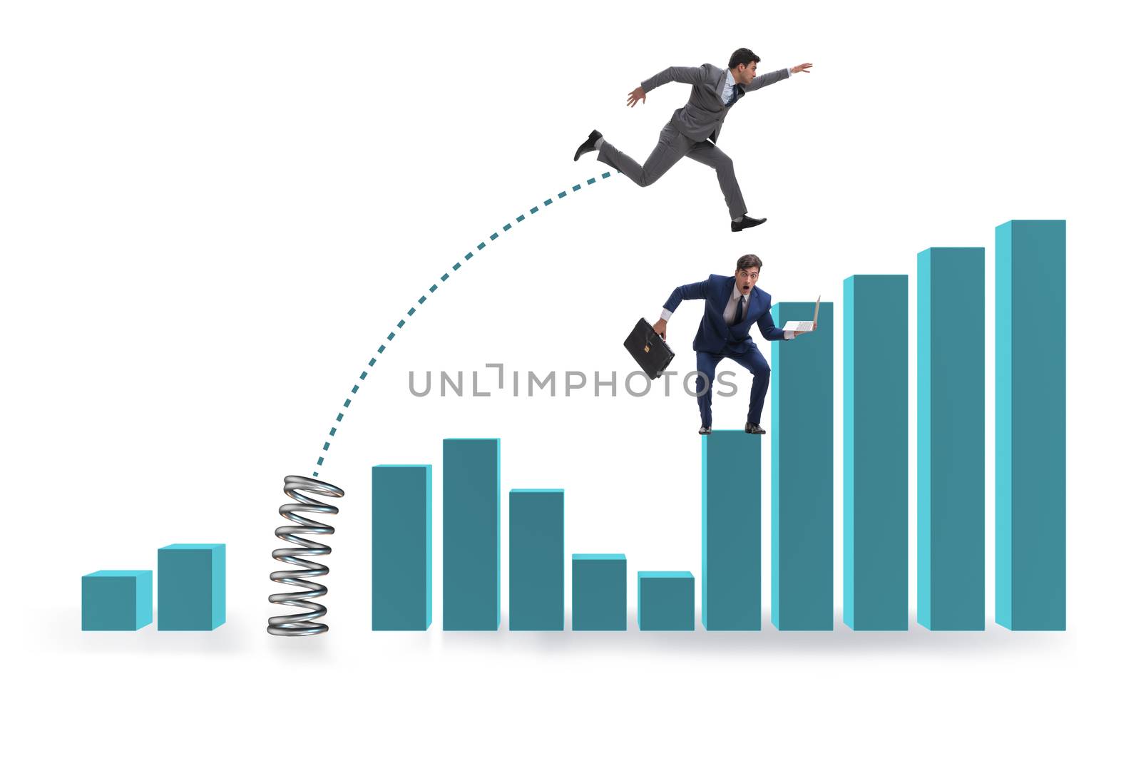 Businessman outperforming his competition jumping over