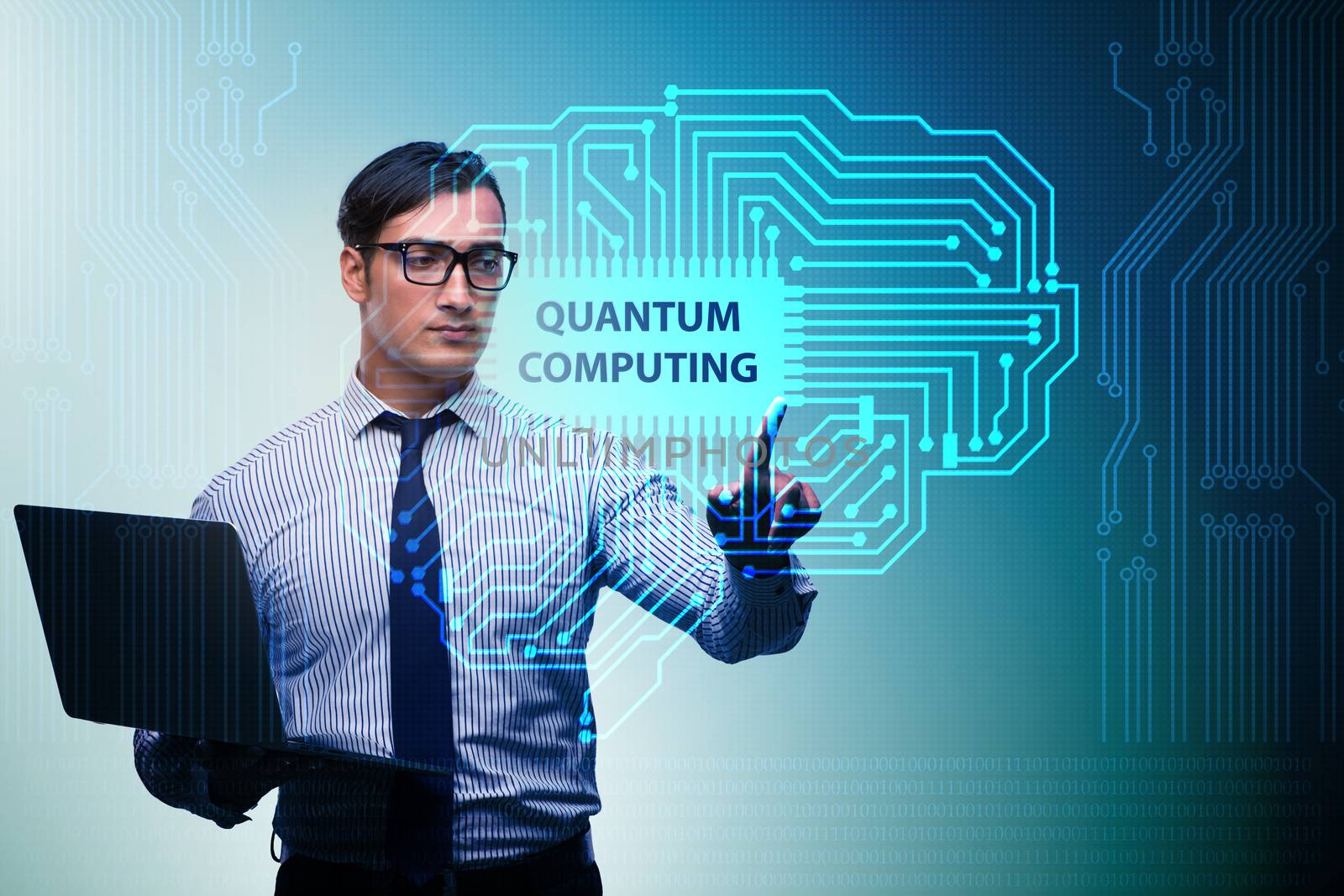 Businessman pressing virtual button in quantum computing concept by Elnur