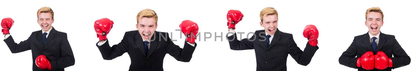 Young employee with boxing gloves isolated on white 