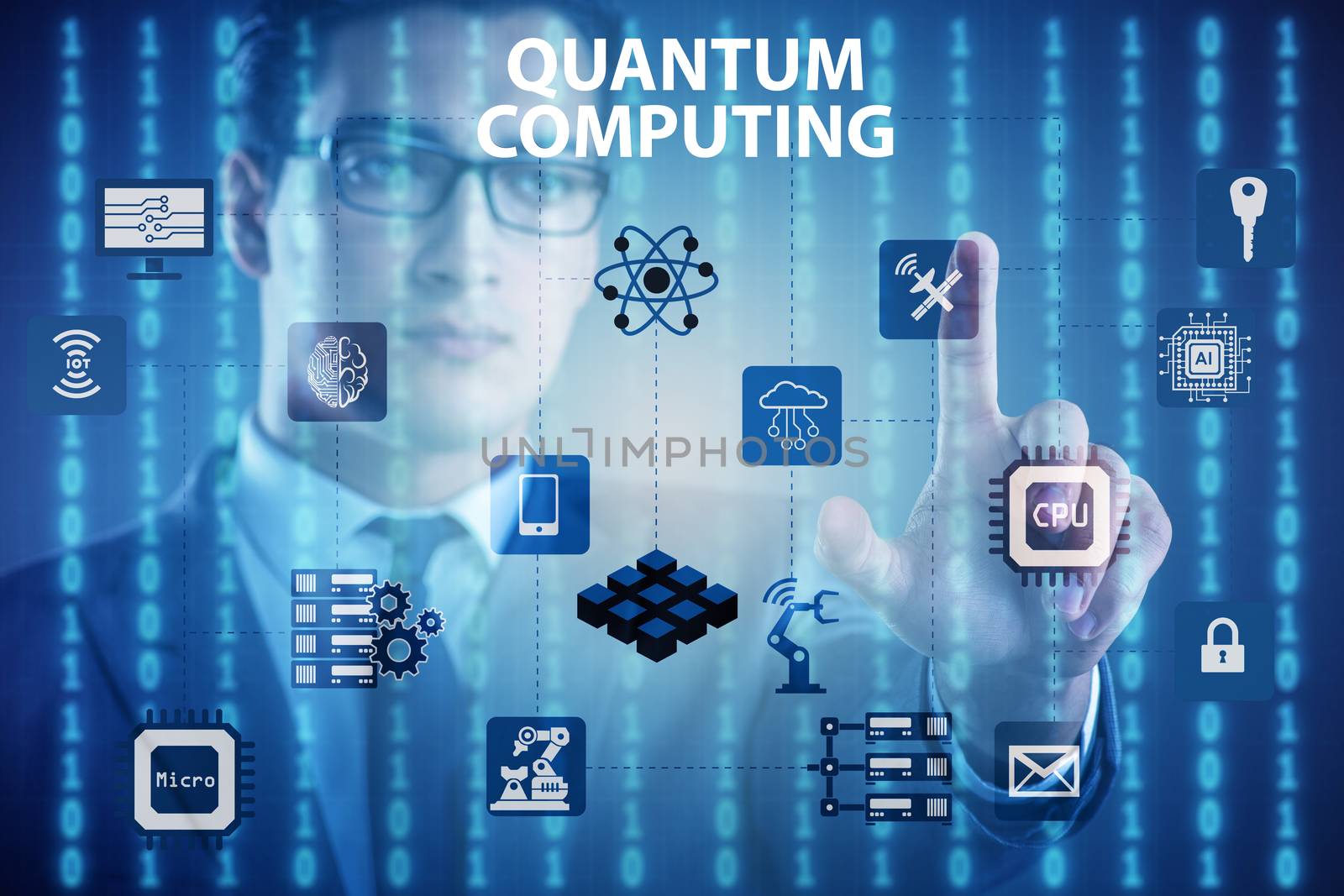 Businessman pressing virtual button in quantum computing concept by Elnur