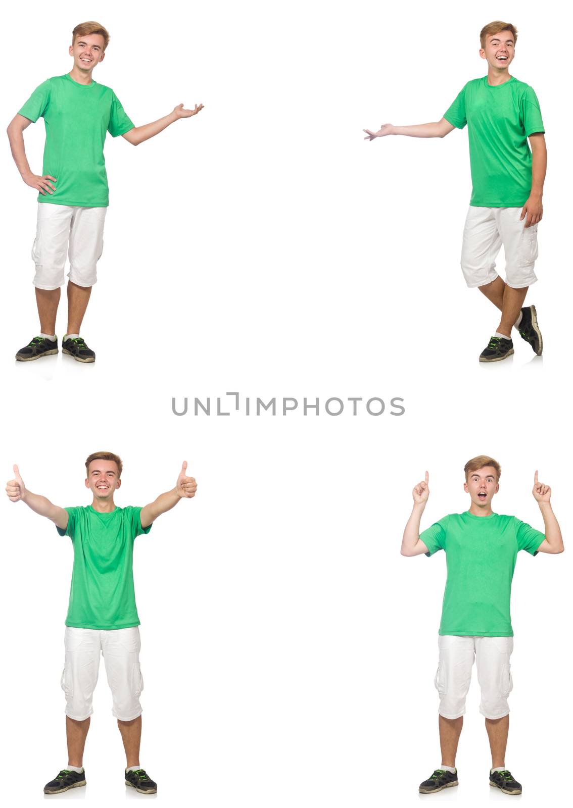 Young boy in green t-shirt isolated on white  by Elnur