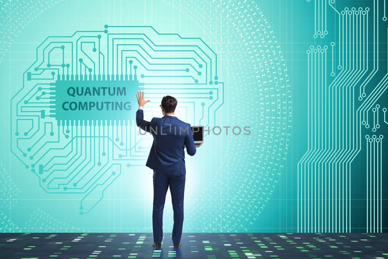 Businessman pressing virtual button in quantum computing concept