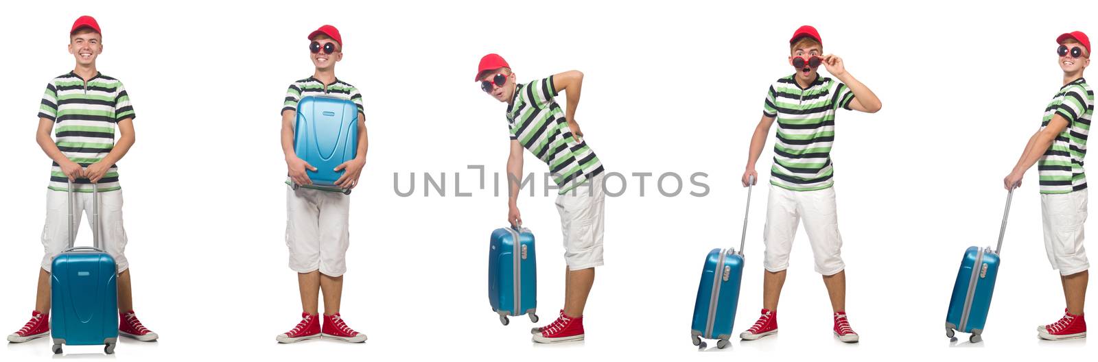 Young man with suitcase isolated on white 