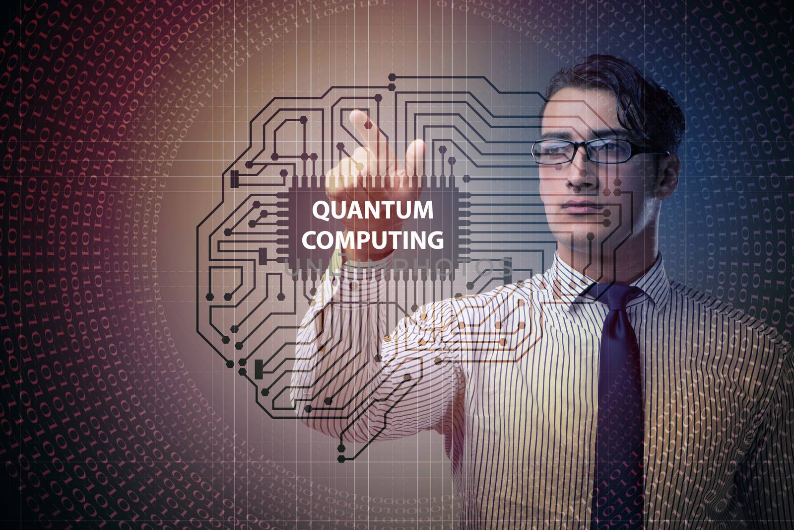 Businessman pressing virtual button in quantum computing concept by Elnur