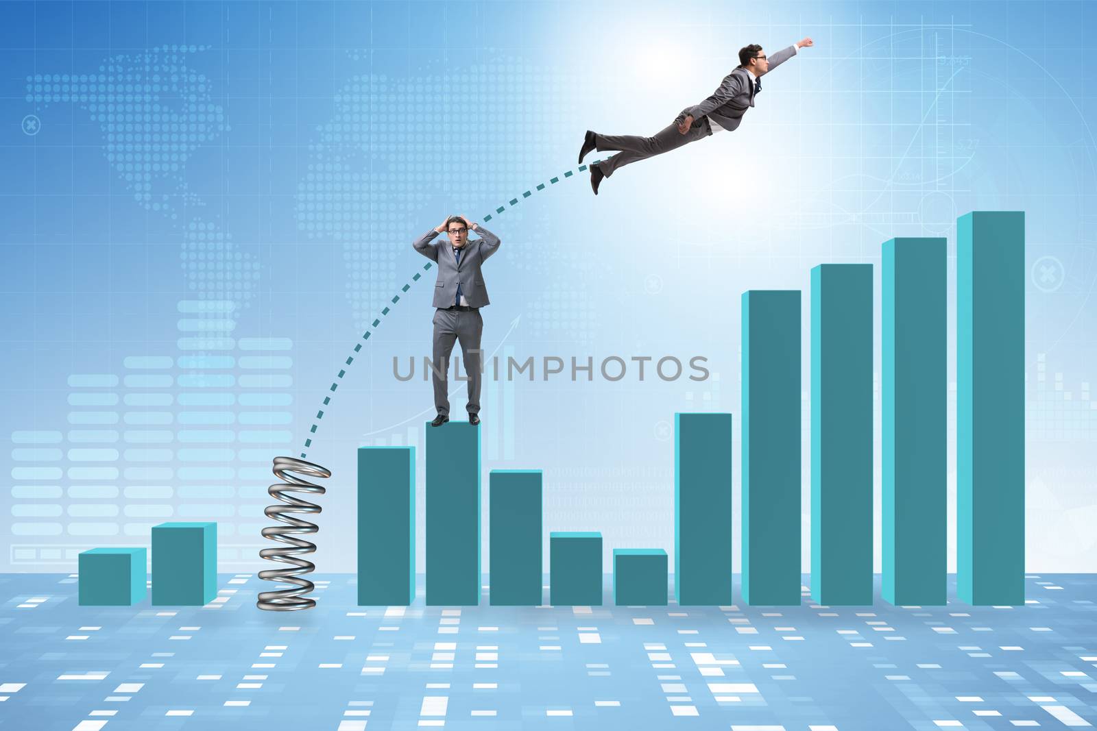 Businessman outperforming his competition jumping over by Elnur