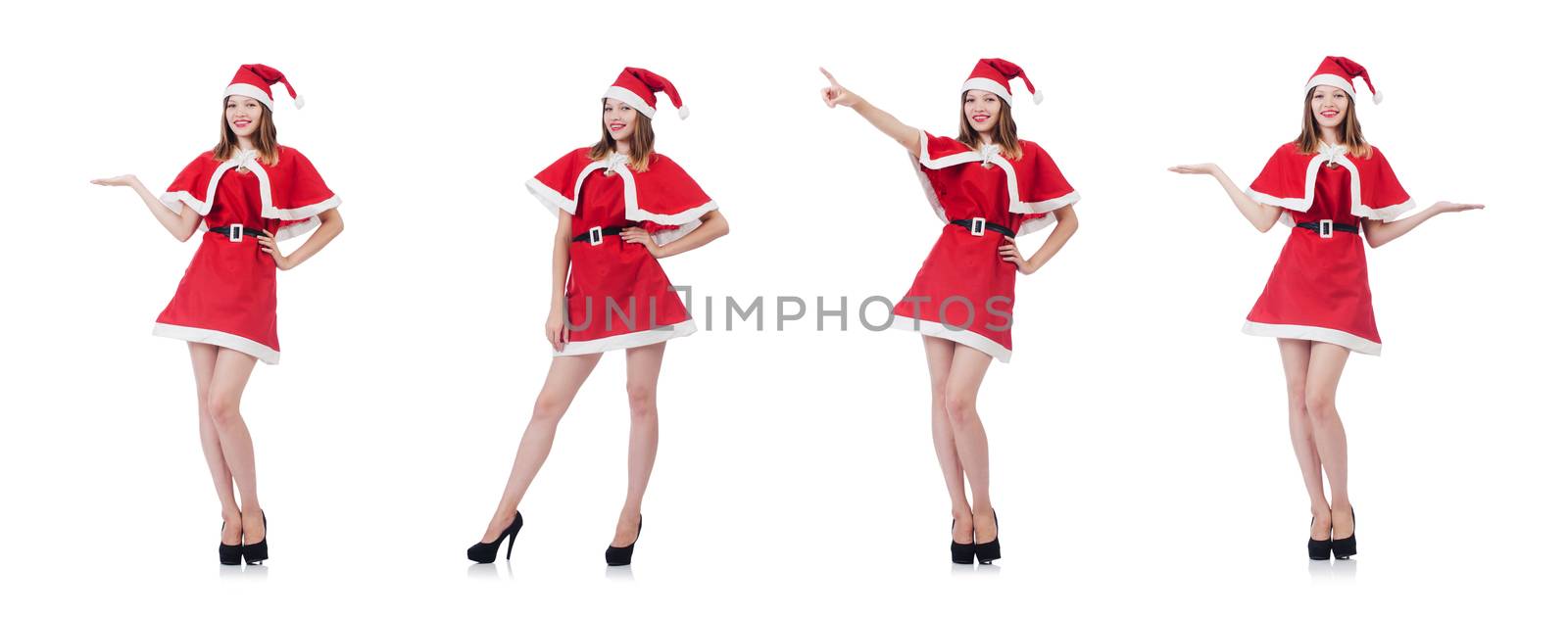 Young woman in red santa costume on white by Elnur