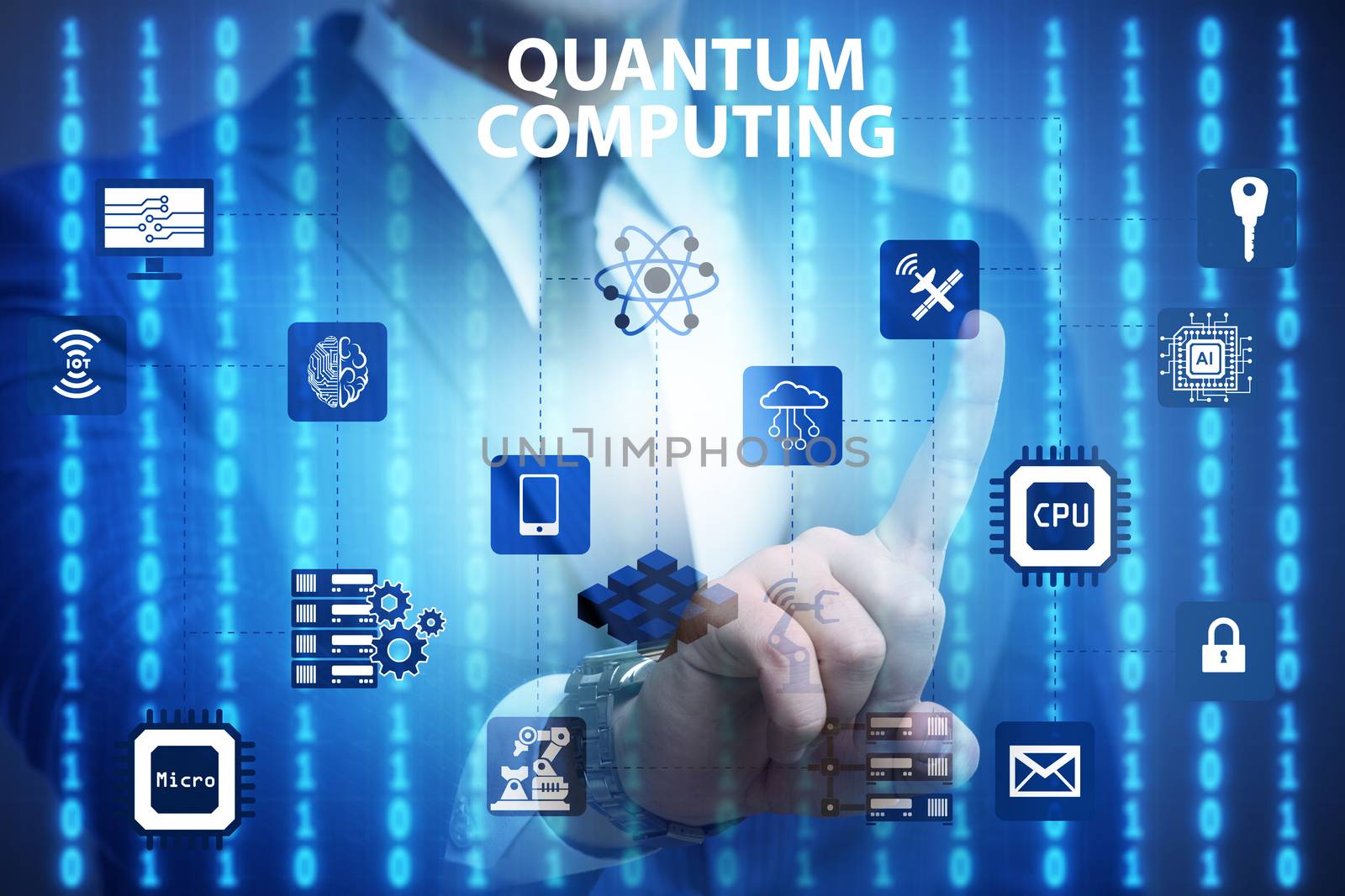 Businessman pressing virtual button in quantum computing concept