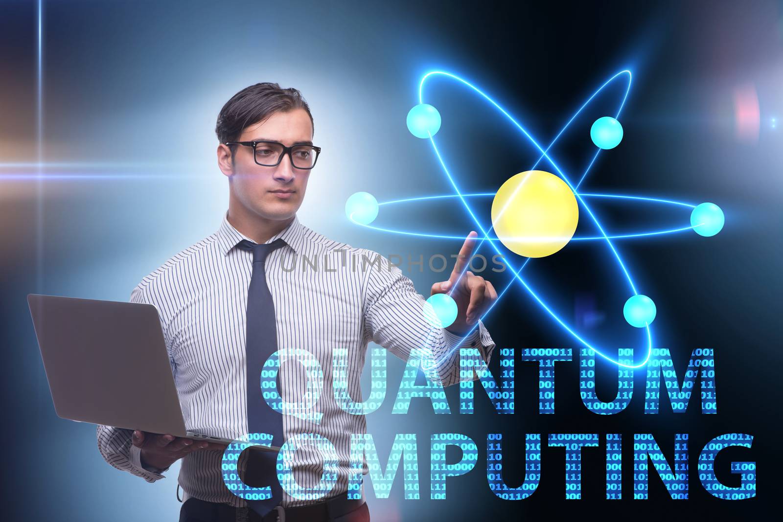 Businessman pressing virtual button in quantum computing concept