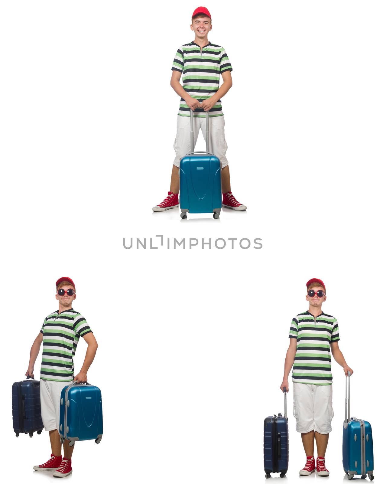 Young man with suitcase isolated on white 