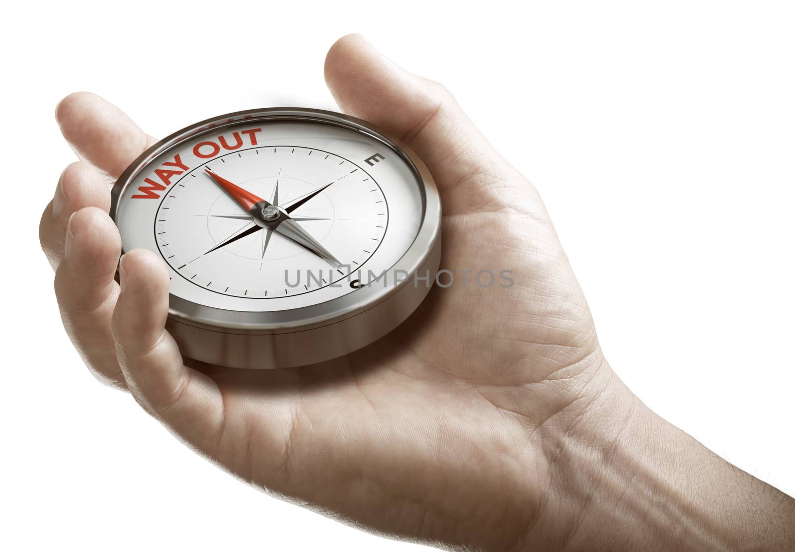 Man hand holding compass with needle pointing the text way out over white background. Concept of crisis exit plan or strategy. Composite image between a hand photography and a 3D background.