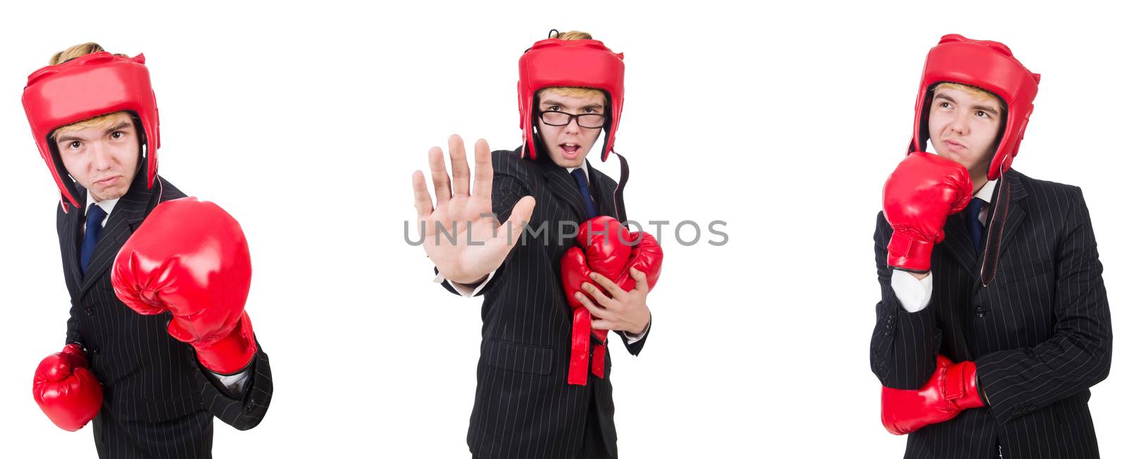 Young employee with boxing gloves isolated on white 