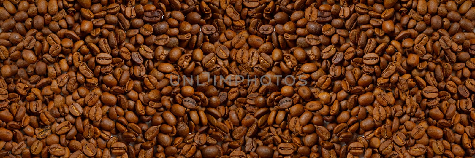 Roasted coffee beans banner background. brown coffe beans texture bpanoramic banner
