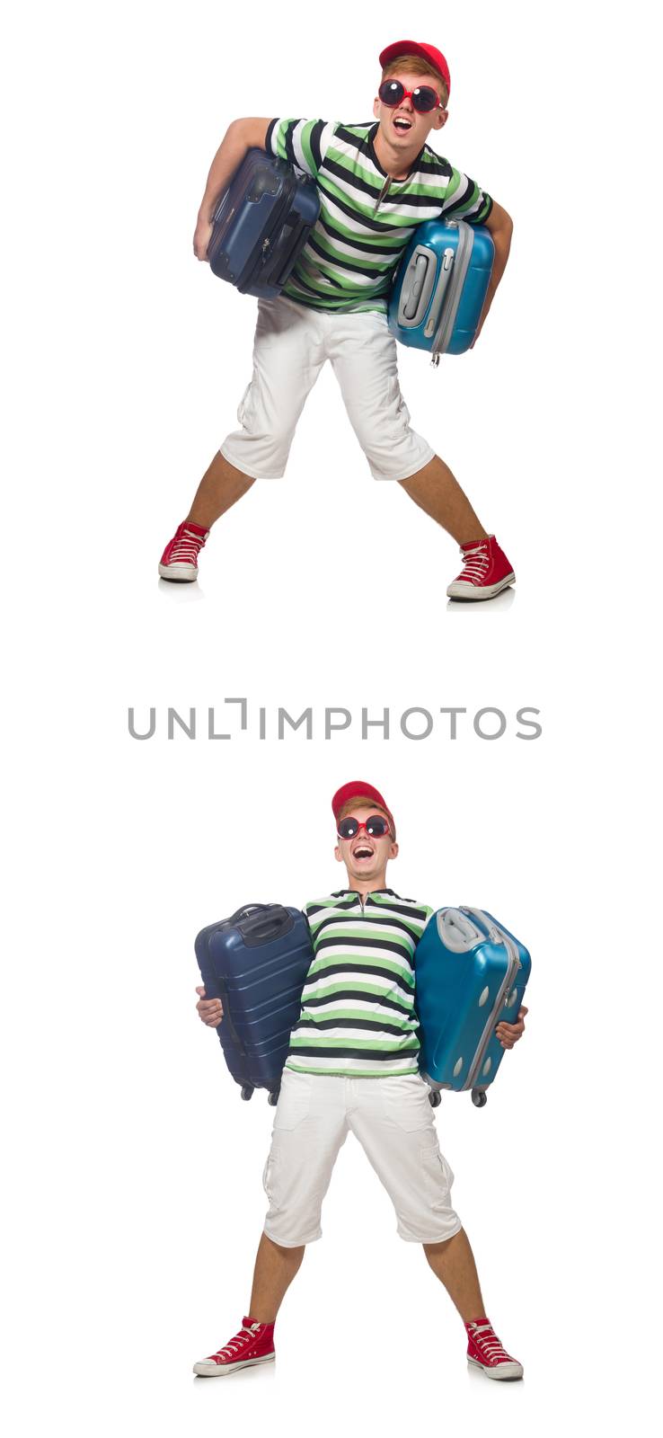 Young man with heavy suitcases isolated on white  by Elnur